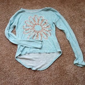 Teal gold sequins flower soft long-sleve